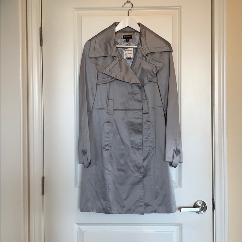 NWT Bebe Silver Satin Trench Coat